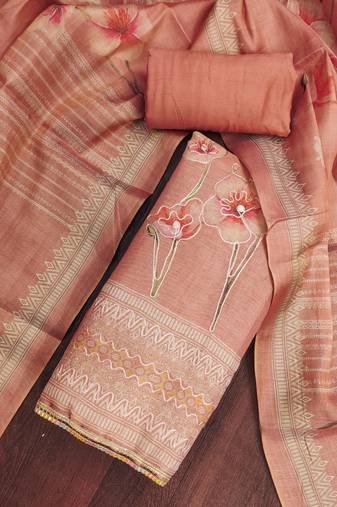 Women's peach cotton silk embroidered unstitched dress material