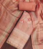 Women's peach cotton silk embroidered unstitched dress material