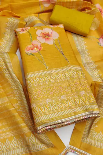 Women's yellow cotton silk embroidered unstitched dress material