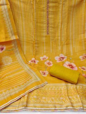 Women's yellow cotton silk embroidered unstitched dress material 3