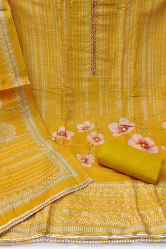 Women's yellow cotton silk embroidered unstitched dress material