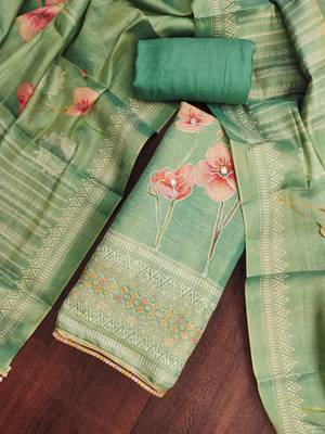 Women's mint cotton silk embroidered unstitched dress material 1