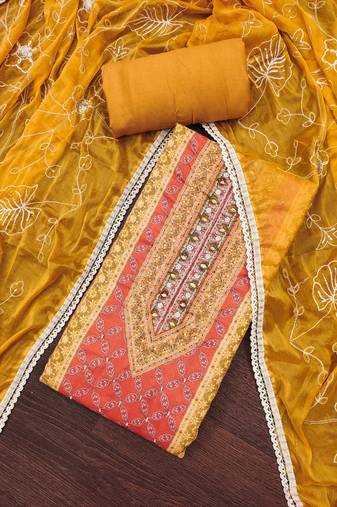 Women's mustard cotton handwork unstitched dress material