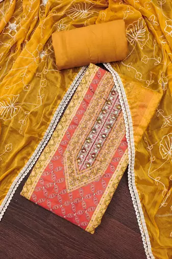 Women's mustard cotton handwork unstitched dress material