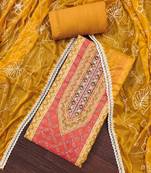 Women's mustard cotton handwork unstitched dress material