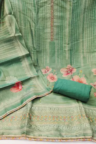 Women's mint cotton silk embroidered unstitched dress material
