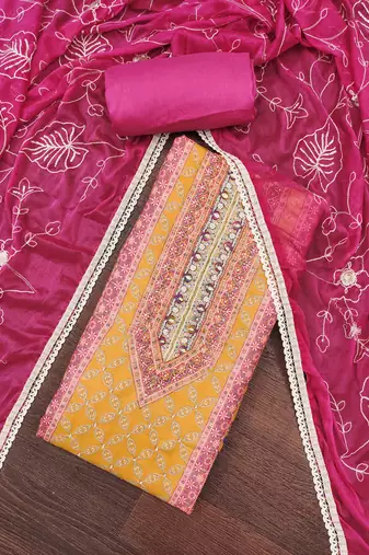 Women's magneta cotton handwork unstitched dress material