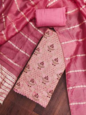 Women's pink silk embroidered unstitched dress material 1