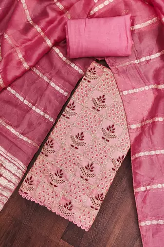 Women's pink silk embroidered unstitched dress material