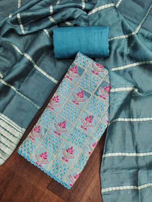 Women's blue silk embroidered unstitched dress material 1