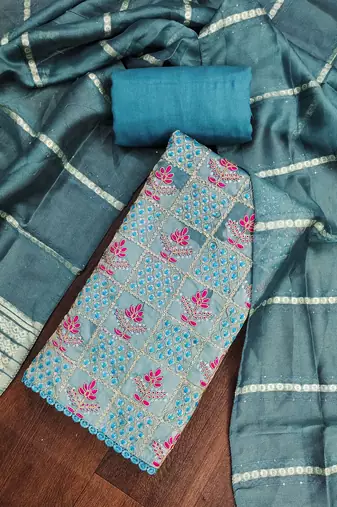 Women's blue silk embroidered unstitched dress material