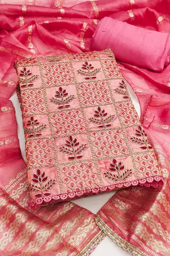 Women's pink silk embroidered unstitched dress material