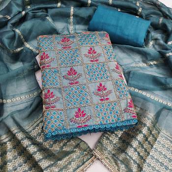 Women's blue silk embroidered unstitched dress material 2