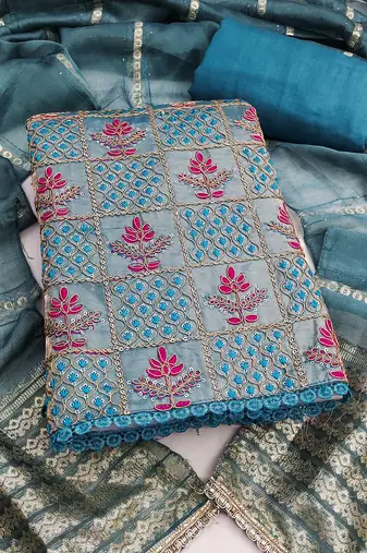 Women's blue silk embroidered unstitched dress material