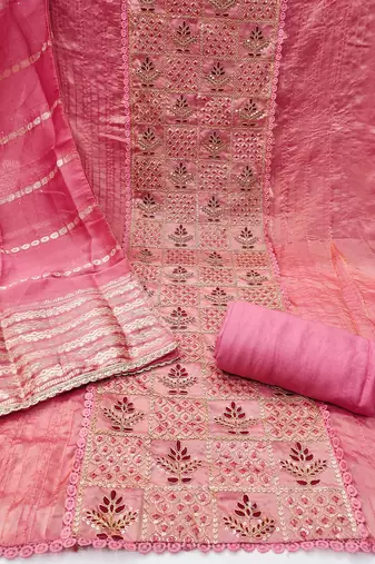 Women's pink silk embroidered unstitched dress material