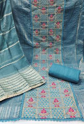 Women's blue silk embroidered unstitched dress material 3