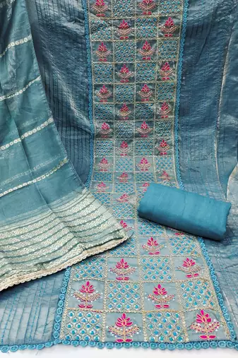 Women's blue silk embroidered unstitched dress material