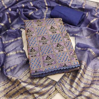 Women's navy blue silk embroidered unstitched dress material 2