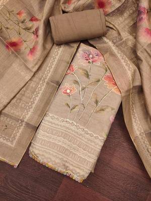 Women's brown cotton silk embroidered unstitched dress material 1