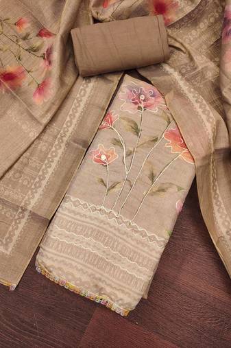 Women's brown cotton silk embroidered unstitched dress material