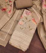 Women's brown cotton silk embroidered unstitched dress material