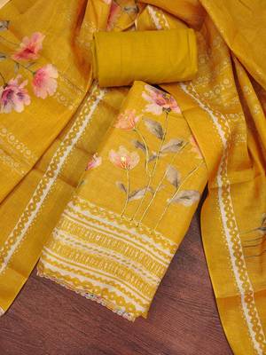Women's mustard cotton silk embroidered unstitched dress material 1