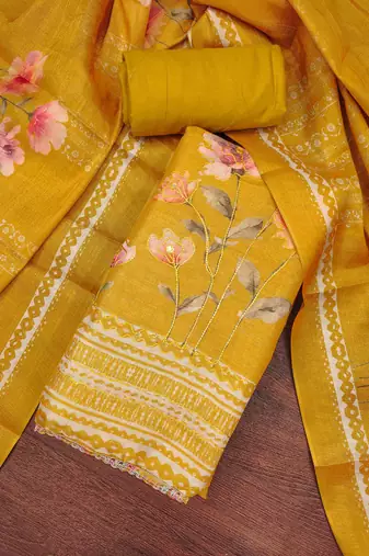Women's mustard cotton silk embroidered unstitched dress material