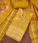 Women's mustard cotton silk embroidered unstitched dress material