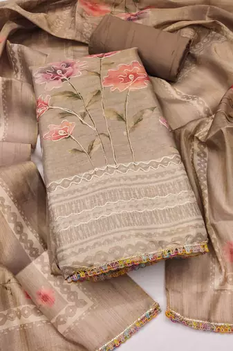 Women's brown cotton silk embroidered unstitched dress material