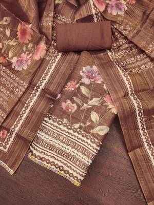 Women's coffee cotton silk embroidered unstitched dress material 1