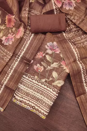 Women's coffee cotton silk embroidered unstitched dress material