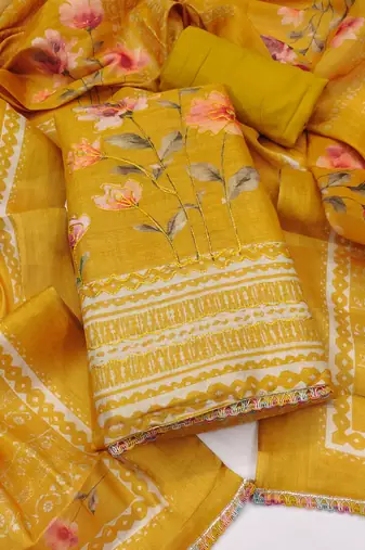 Women's mustard cotton silk embroidered unstitched dress material