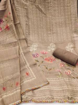 Women's brown cotton silk embroidered unstitched dress material 3