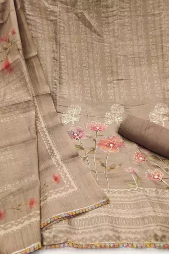 Women's brown cotton silk embroidered unstitched dress material