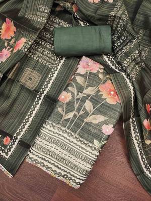 Women's olive cotton silk embroidered unstitched dress material 1