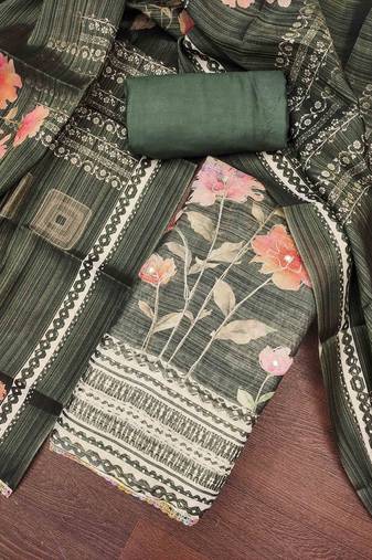 Women's olive cotton silk embroidered unstitched dress material