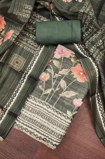 Women's olive cotton silk embroidered unstitched dress material