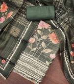 Women's olive cotton silk embroidered unstitched dress material