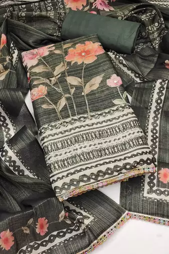 Women's olive cotton silk embroidered unstitched dress material