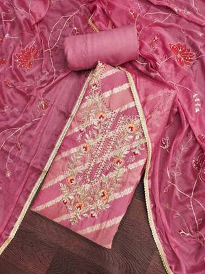 Women's pink silk handwork unstitched dress material 1