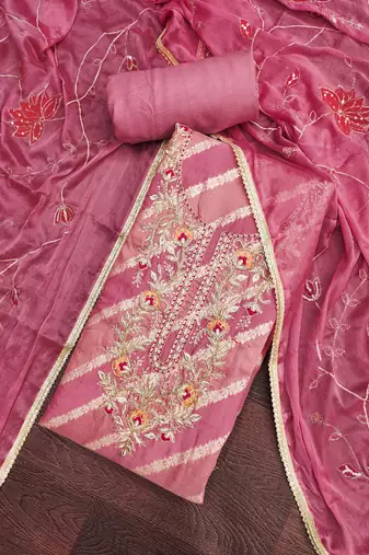 Women's pink silk handwork unstitched dress material