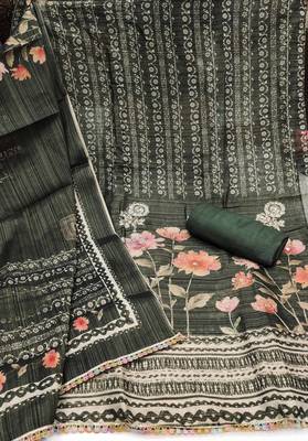 Women's olive cotton silk embroidered unstitched dress material 3