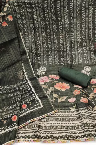 Women's olive cotton silk embroidered unstitched dress material