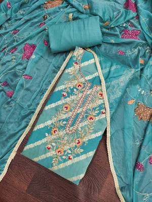 Women's blue silk handwork unstitched dress material 1