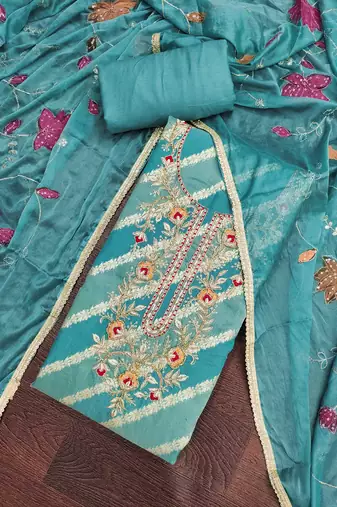 Women's blue silk handwork unstitched dress material