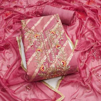Women's pink silk handwork unstitched dress material 2