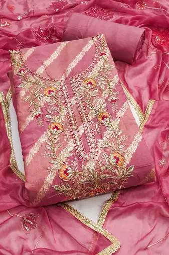 Women's pink silk handwork unstitched dress material