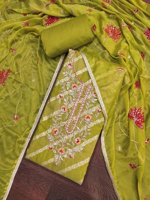 Women's green silk handwork unstitched dress material 1