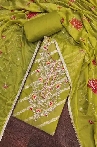 Women's green silk handwork unstitched dress material