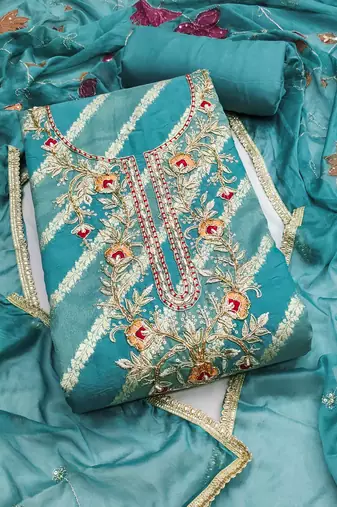 Women's blue silk handwork unstitched dress material